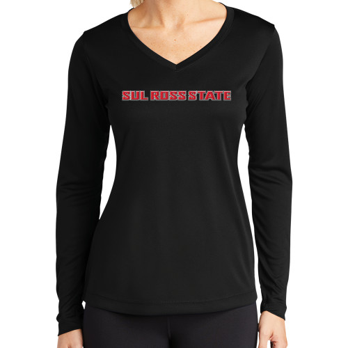  Womens Black Performance Long Sleeve V Neck Shirt - Sul Ross State
