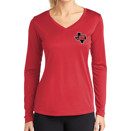  Womens Red Performance Long Sleeve V Neck Shirt - Primary Mark