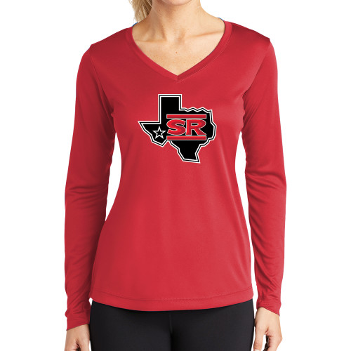  Womens Red Performance Long Sleeve V Neck Shirt - Primary Mark