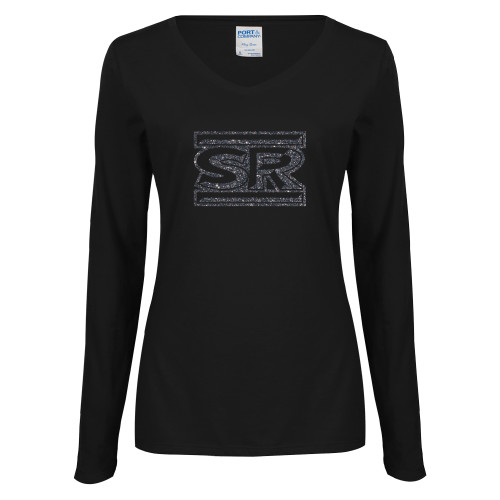  Womens Black Long Sleeve V Neck Tee  - SR Bar Graphite Soft Glitter