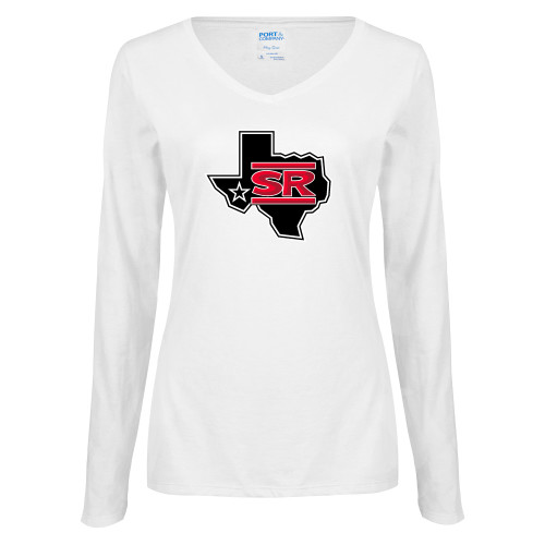  Womens White Long Sleeve V Neck Tee - Primary Mark