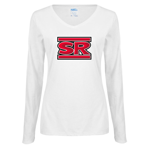  Womens White Long Sleeve V Neck Tee - SR Bar