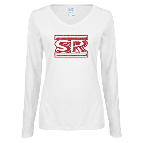  Womens White Long Sleeve V Neck Tee - SR Bar Red Glitter