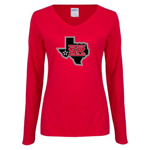  Womens Red Long Sleeve V Neck Tee  - Primary Mark
