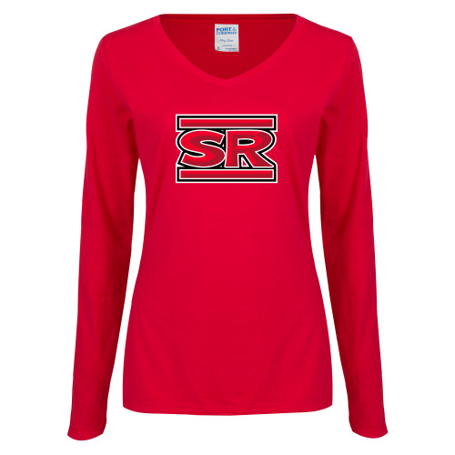  Womens Red Long Sleeve V Neck Tee  - SR Bar