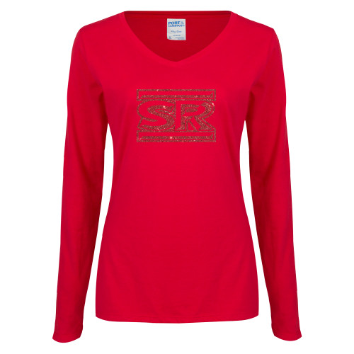  Womens Red Long Sleeve V Neck Tee  - SR Bar Red Glitter