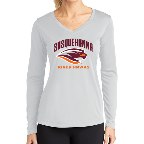  Womens White Performance Long Sleeve V Neck Shirt - Primary Mark