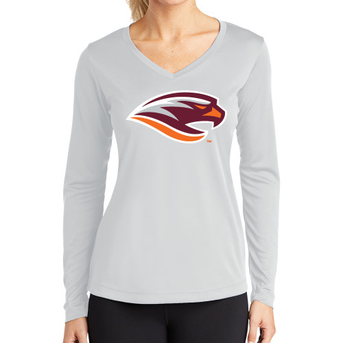  Womens White Performance Long Sleeve V Neck Shirt - River Hawk