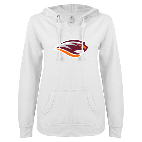 ENZA Womens White V Notch Raw Edge Fleece Hoodie - River Hawk