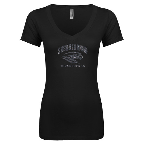  Next Level Womens Black Ideal V Tee - Primary Mark Graphite Soft Glitter