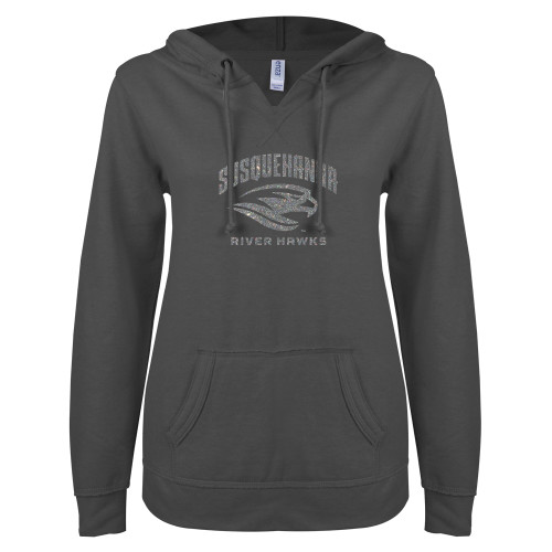  ENZA Womens Dark Heather V Notch Raw Edge Fleece Hoodie - Primary Mark Silver Soft Glitter