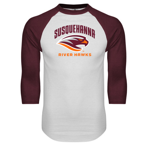  White/Maroon Raglan Baseball T Shirt - Primary Mark