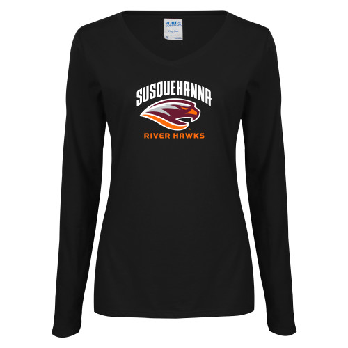  Womens Black Long Sleeve V Neck Tee  - Primary Mark
