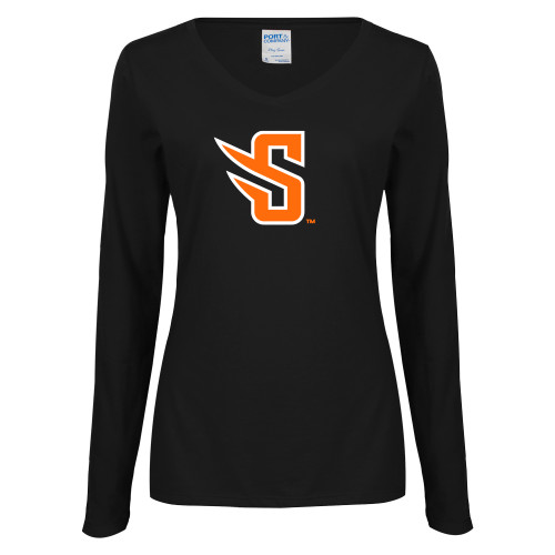  Womens Black Long Sleeve V Neck Tee  - S