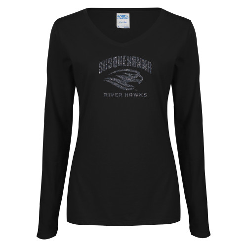  Womens Black Long Sleeve V Neck Tee  - Primary Mark Graphite Soft Glitter