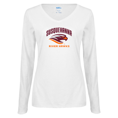  Womens White Long Sleeve V Neck Tee - Primary Mark