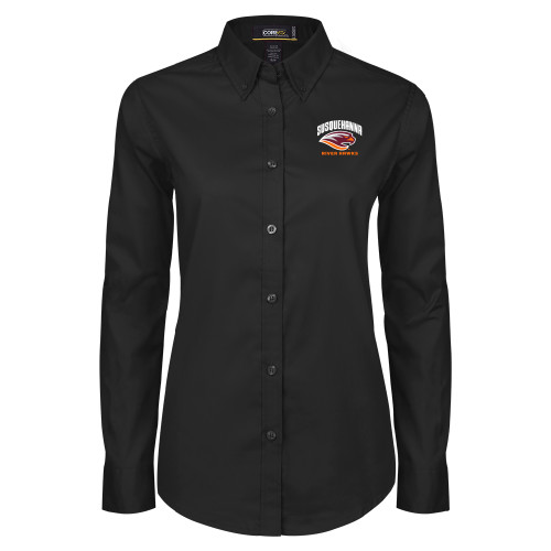  Womens Black Twill Button Down Long Sleeve  - Primary Mark