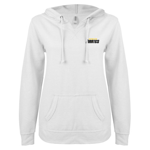  ENZA Womens White V Notch Raw Edge Fleece Hoodie - Wordmark