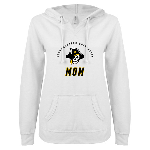  ENZA Womens White V Notch Raw Edge Fleece Hoodie - SU Mom