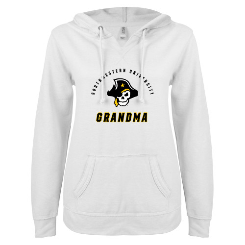  ENZA Womens White V Notch Raw Edge Fleece Hoodie - SU Grandma