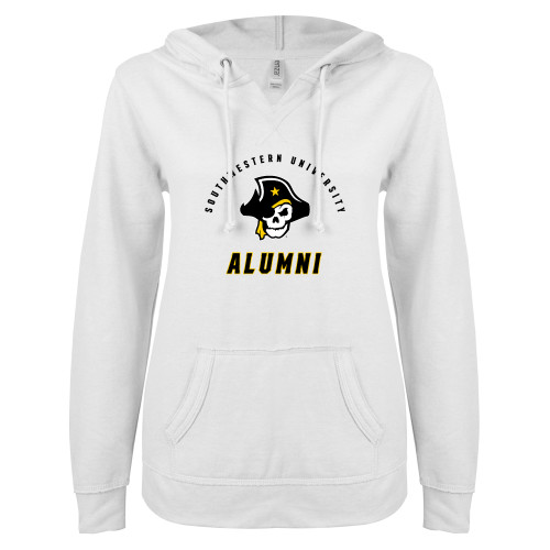  ENZA Womens White V Notch Raw Edge Fleece Hoodie - SU Alumni