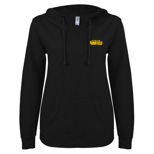  ENZA Womens Black V Notch Raw Edge Fleece Hoodie - Wordmark
