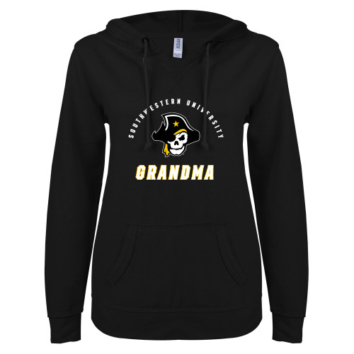  ENZA Womens Black V Notch Raw Edge Fleece Hoodie - SU Grandma