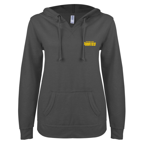 ENZA Womens Dark Heather V Notch Raw Edge Fleece Hoodie - Wordmark