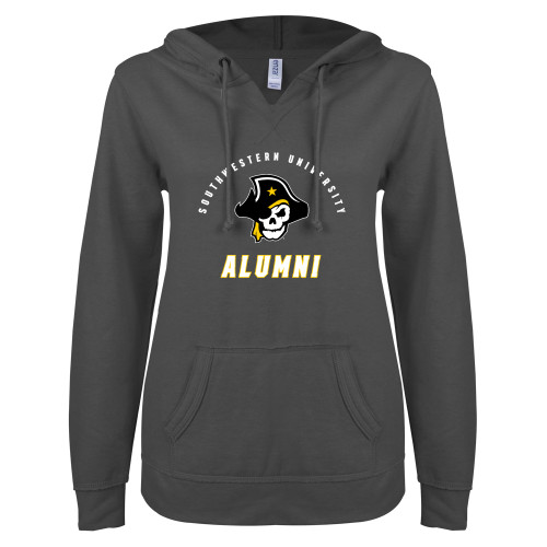  ENZA Womens Dark Heather V Notch Raw Edge Fleece Hoodie - SU Alumni