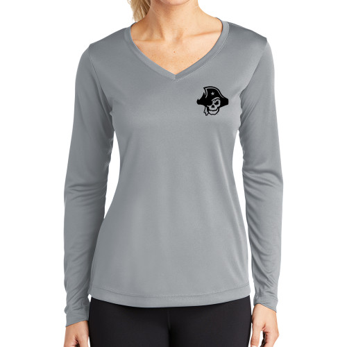  Womens Grey Performance Long Sleeve V Neck Shirt - Primary Logo