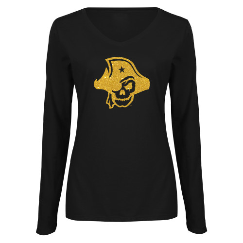  Womens Black Long Sleeve V Neck Tee  - T - Gold