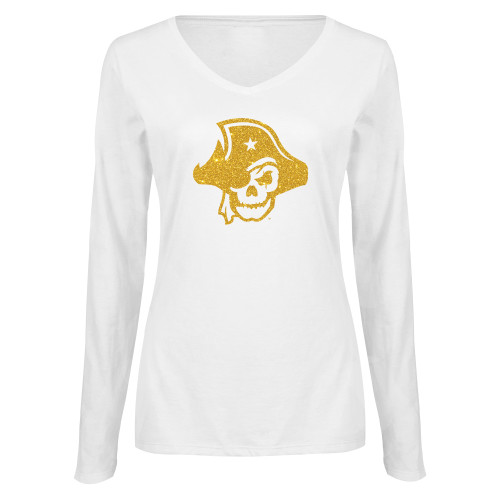  Womens White Long Sleeve V Neck Tee - T - Gold