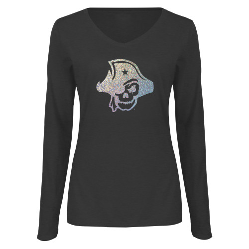  Womens Dark Heather Long Sleeve V Neck Tee  - B - Holographic Foil Silver