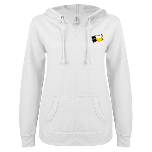  ENZA Womens White V Notch Raw Edge Fleece Hoodie - Secondary Logo