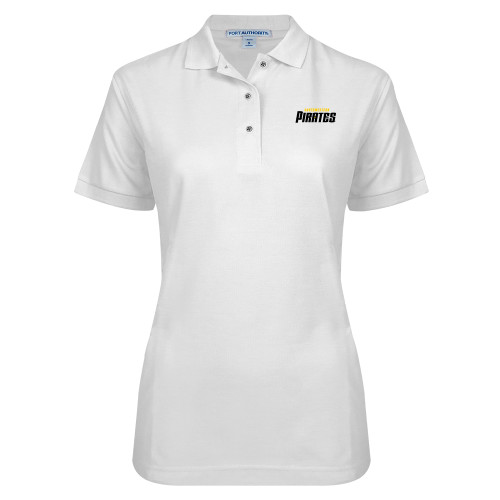  Womens Silk Touch White Pique Polo - Wordmark
