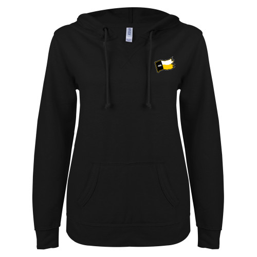  ENZA Womens Black V Notch Raw Edge Fleece Hoodie - Secondary Logo