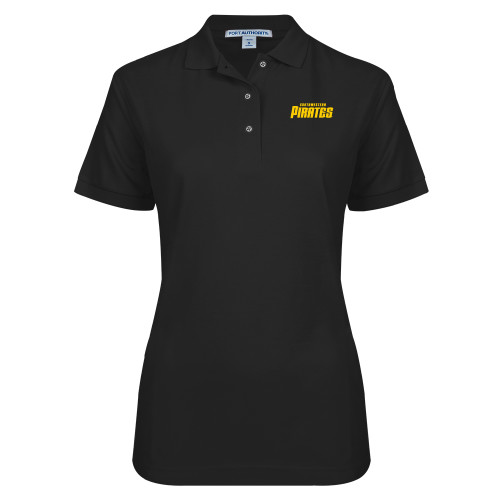  Womens Silk Touch Black Pique Polo - Wordmark