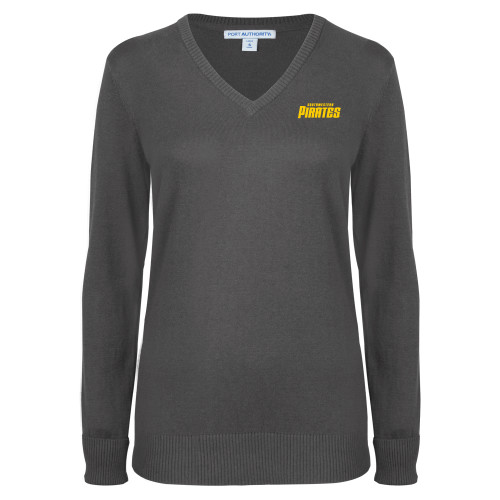  Womens Charcoal Heather VNeck Sweater - Wordmark