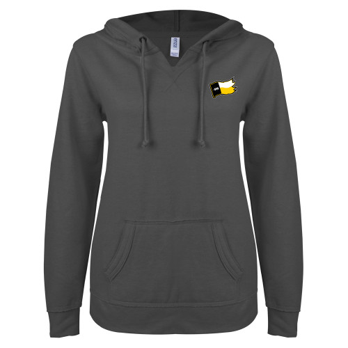  ENZA Womens Dark Heather V Notch Raw Edge Fleece Hoodie - Secondary Logo