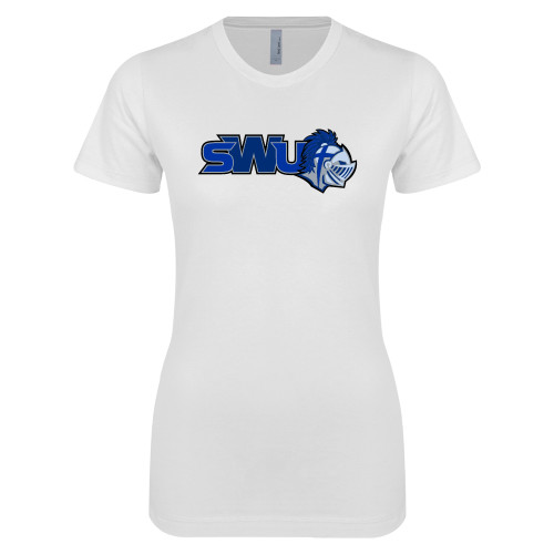  Next Level Womens White Boyfriend Tee - SWU w/ Knight