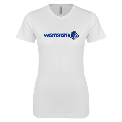  Next Level Womens White Boyfriend Tee - Warriors w/ Knight