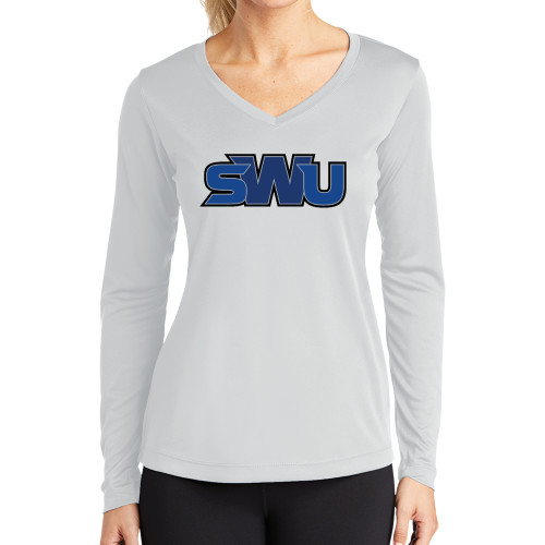  Womens White Performance Long Sleeve V Neck Shirt - SWU
