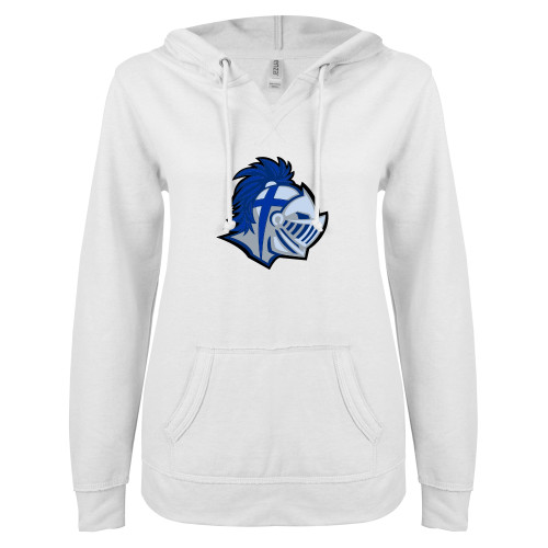  ENZA Womens White V Notch Raw Edge Fleece Hoodie - Warrior Helmet
