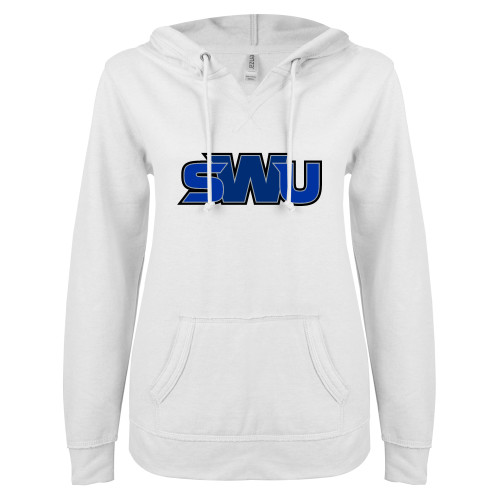  ENZA Womens White V Notch Raw Edge Fleece Hoodie - SWU