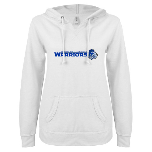  ENZA Womens White V Notch Raw Edge Fleece Hoodie - Warriors w/ Knight
