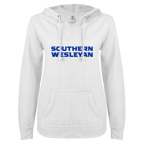  ENZA Womens White V Notch Raw Edge Fleece Hoodie - Southern Wesleyan