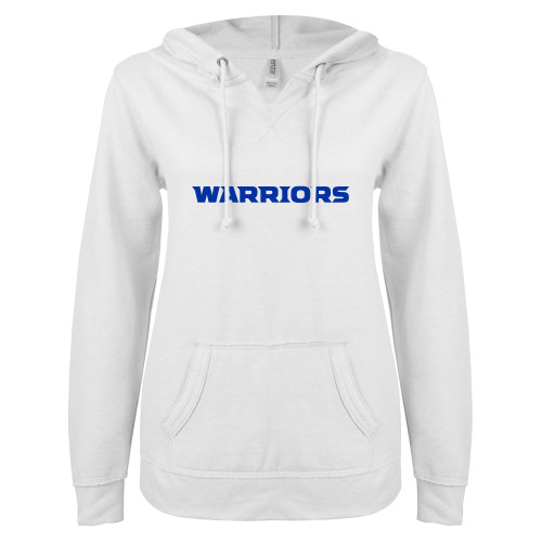  ENZA Womens White V Notch Raw Edge Fleece Hoodie - Warriors