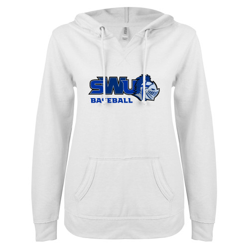  ENZA Womens White V Notch Raw Edge Fleece Hoodie - Baseball