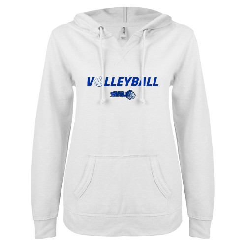  ENZA Womens White V Notch Raw Edge Fleece Hoodie - Volleyball w/ Ball