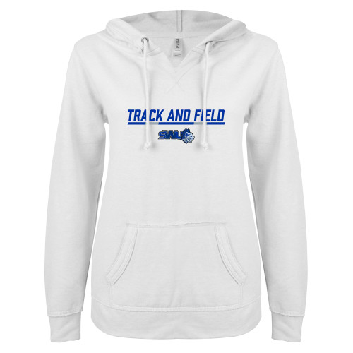  ENZA Womens White V Notch Raw Edge Fleece Hoodie - Track and Field Bar